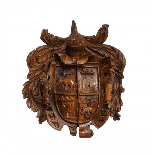 17th century carved walnut coat of arms