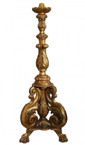 Important candélabre en bois doré et polychrome, Espagne XVIIe siècle