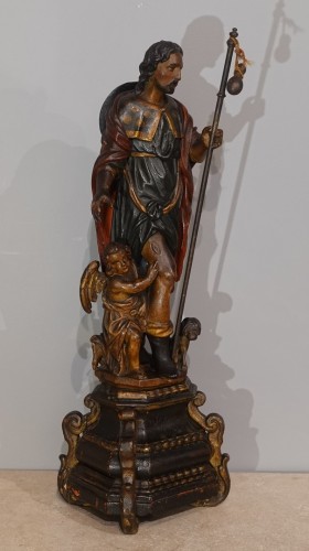  St Roch in carved polychrome wood, 18th century - Sculpture Style Louis XV