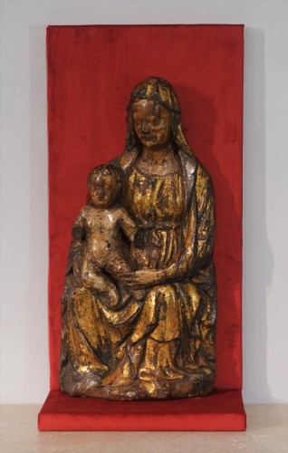 Sculpture  - Madonna and Child in Majesty in Polychrome Wood, XVth Century