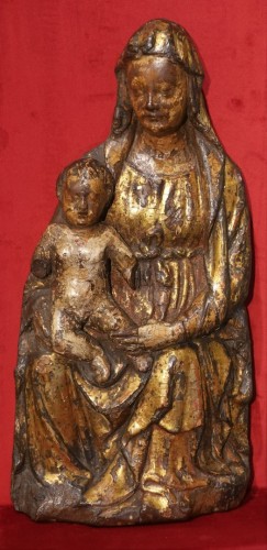 Antiquités - Vierge à l'Enfant en Majesté en bois polychrome d'époque XVe