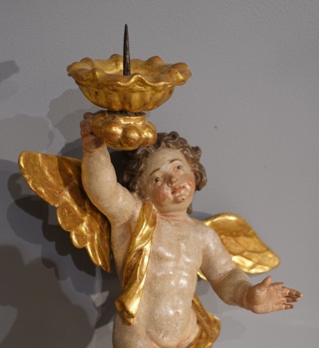 Pair of ceroferarian Putti in polychrome wood, 18th century - Lighting Style Louis XVI