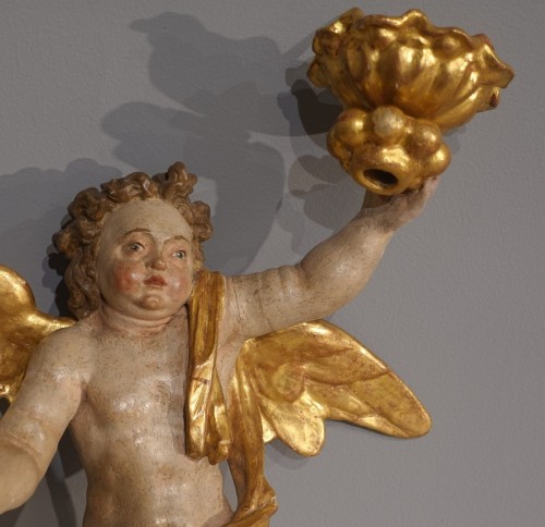 Lighting  - Pair of ceroferarian Putti in polychrome wood, 18th century