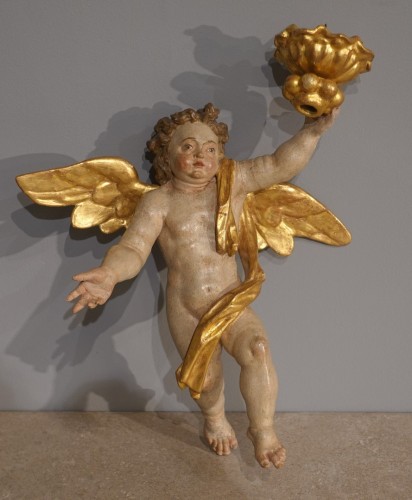 Pair of ceroferarian Putti in polychrome wood, 18th century - 