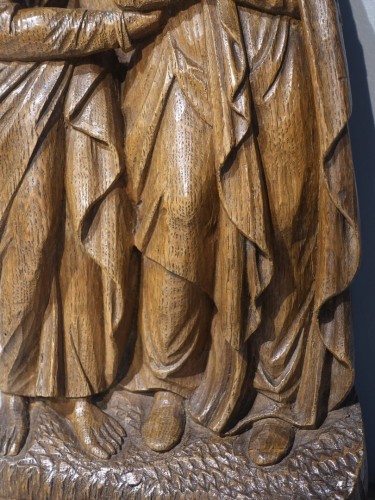 Antiquités - Saint Jean et Vierge de Calvaire en chêne – Flandres début XVIe