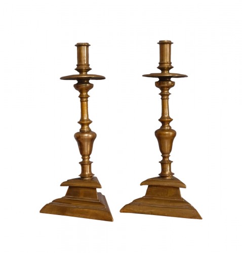 Pair of 17th century large solid bronze candlesticks