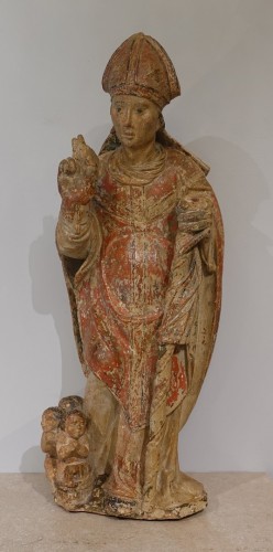 Saint Nicolas en pierre calcaire du XVIe siècle - Sculpture Style Renaissance