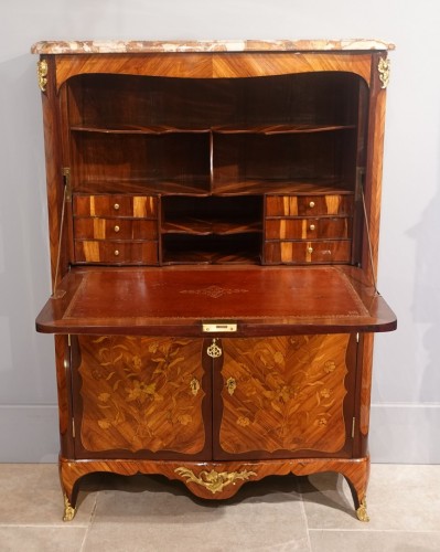 Louis XV inlaid secretary stamped P. Roussel - 