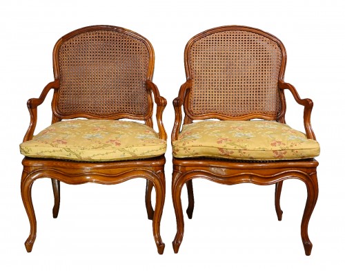 Pair Of Louis XV Flat Back Armchairs In Walnut, 18th Century