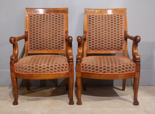 Pair of Empire armchairs in blond mahogany - Early 19th century - Seating Style Empire