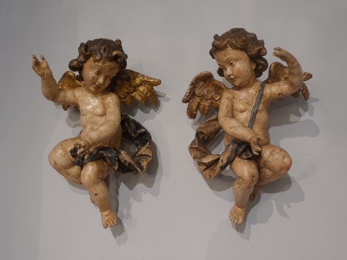 Antiquités - Pair of polychrome wooden cherubs 18th century