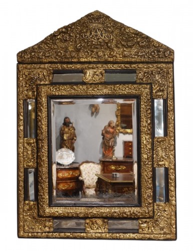 17th Century Ebonized Wood and Embossed Brass Mirror