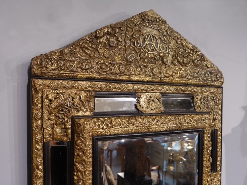 17th Century Ebonized Wood and Embossed Brass Mirror - Mirrors, Trumeau Style Louis XIV