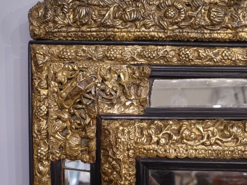 Mirrors, Trumeau  - 17th Century Ebonized Wood and Embossed Brass Mirror