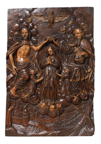Couronnement de la Vierge – Bas-relief polychrome Époque XVIIe siècle
