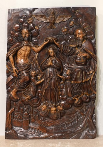 Louis XIII - Couronnement de la Vierge – Bas-relief polychrome Époque XVIIe siècle