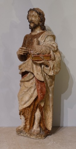 Saint John the Baptist – 17th Century Polychrome Stone Sculpture - Sculpture Style Louis XIII