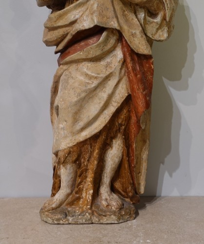 17th century - Saint John the Baptist – 17th Century Polychrome Stone Sculpture