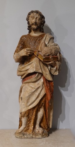 Antiquités - Saint John the Baptist – 17th Century Polychrome Stone Sculpture