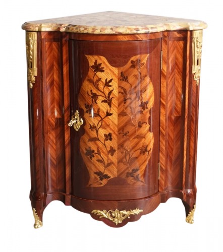 A Carel-stamped floral marquetry corner cabinet
