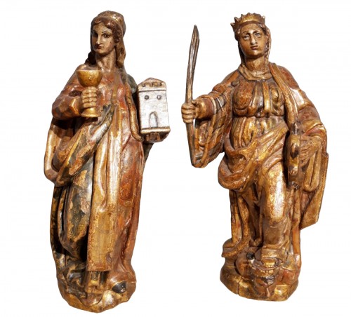 Saint Catherine of Alexandria and Saint Beard carved and polychrome 17th ce