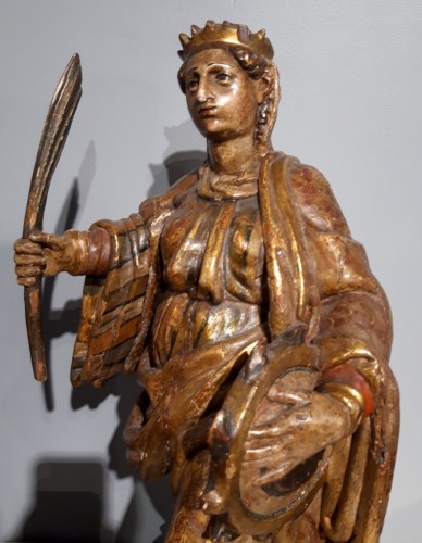 Sculpture  - Saint Catherine of Alexandria and Saint Beard carved and polychrome 17th ce