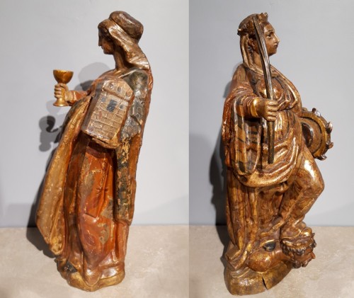 17th century - Saint Catherine of Alexandria and Saint Beard carved and polychrome 17th ce