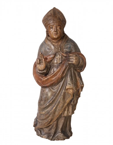 Bishop In Carved And Polychromed Stone, 17th Century