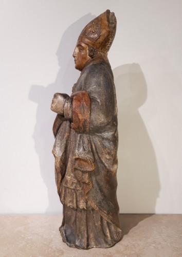 Bishop In Carved And Polychromed Stone, 17th Century - Sculpture Style Louis XIV