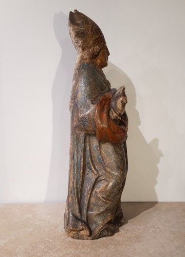 Sculpture  - Bishop In Carved And Polychromed Stone, 17th Century