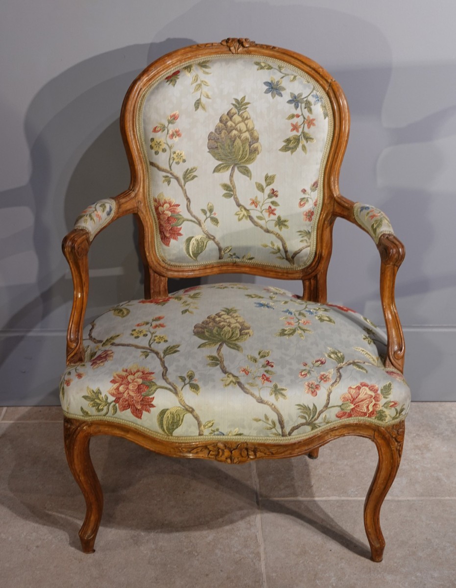 French Louis XV Period Walnut Chair with Original Tapestry