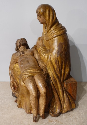 17th century - French Pieta, Polychrome Carved Wood, 17th Century