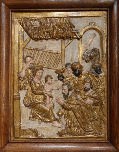 ''Adoration des Mages'' panneau en bois sculpté d'époque XVIIe
