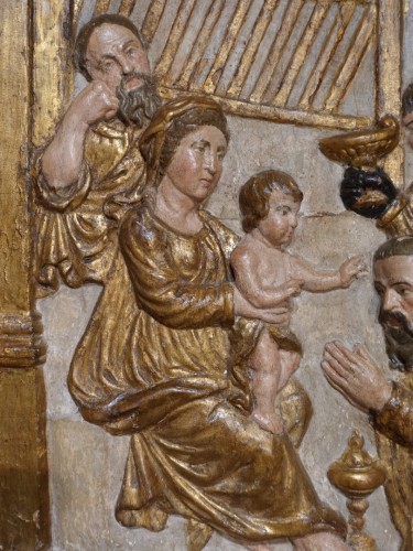 Art sacré, objets religieux  - ''Adoration des Mages'' panneau en bois sculpté d'époque XVIIe