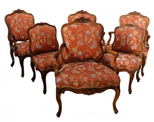 Suite of four armchairs and two chairs stamped Nogaret A Lyon