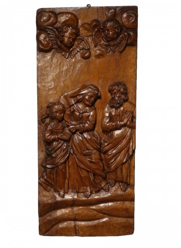 Ste Anne éducatrice et St Joachim – Panneau en noyer sculpté  Époque XVIIe