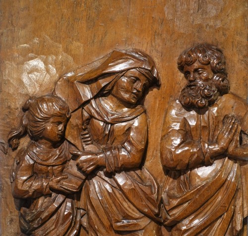 Sculpture  - Carved walnut panel: St Anne educator and St Joachim - 17th century