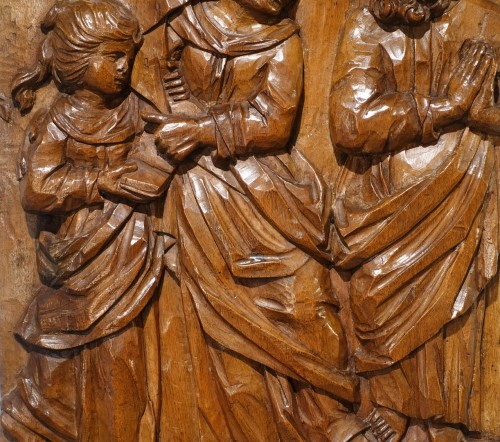 XVIIe siècle - Ste Anne éducatrice et St Joachim – Panneau en noyer sculpté  Époque XVIIe
