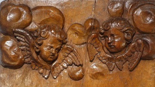 Ste Anne éducatrice et St Joachim – Panneau en noyer sculpté  Époque XVIIe - Louis XIII