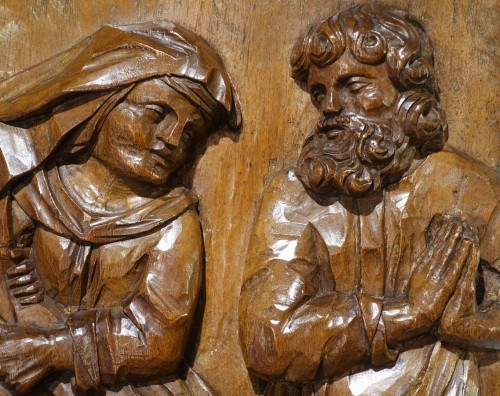 Louis XIII - Ste Anne éducatrice et St Joachim – Panneau en noyer sculpté  Époque XVIIe