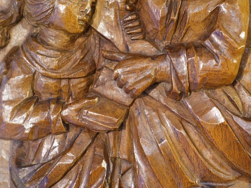 Antiquités - Ste Anne éducatrice et St Joachim – Panneau en noyer sculpté  Époque XVIIe