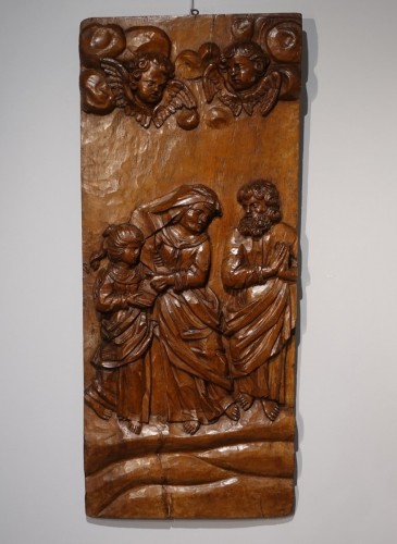 Antiquités - Ste Anne éducatrice et St Joachim – Panneau en noyer sculpté  Époque XVIIe