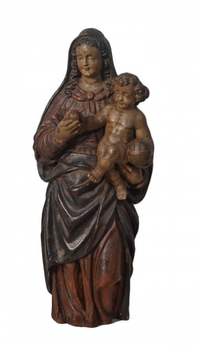 Sculpture de la Vierge à l'enfant en noyer polychrome d'époque XVIIe siècle