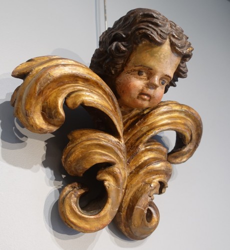 17th Century Polychrome Wooden Cherub Head - Sculpture Style Louis XIV
