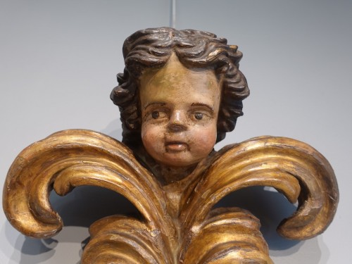 Sculpture  - 17th Century Polychrome Wooden Cherub Head