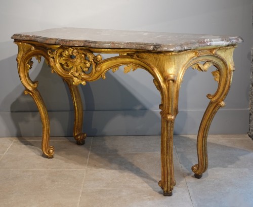 Mobilier Console - Console Louis XV en bois doré d'époque XVIIIe