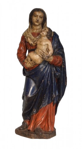 Vierge à l'enfant en bois sculpté et polychrome d'époque XVIIIe