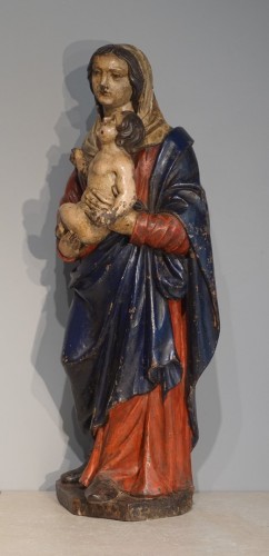 Vierge à l'enfant en bois sculpté et polychrome d'époque XVIIIe - Sculpture Style Louis XV