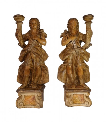 Pair of polychrome wooden torchiere holders - 17th century