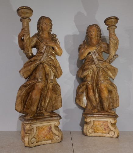 17th century - Pair of polychrome wooden torchiere holders - 17th century
